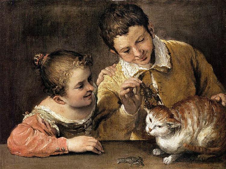 Annibale Carracci Two Children Teasing a Cat Spain oil painting art